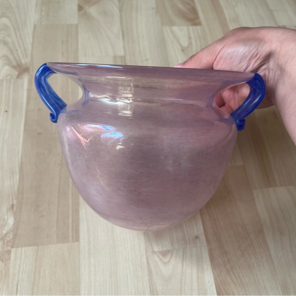 Vintage Murano Style Pink Opalescent Art Glass Vase w/ Blue Handles